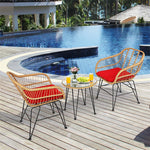 3 Piece Rattan Patio Bistro Set Wicker Conversation Set with Glass Coffee Table & Cushioned Armchairs