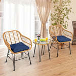 3 Piece Rattan Patio Bistro Set Wicker Conversation Set with Glass Coffee Table & Cushioned Armchairs