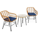 3 Piece Rattan Patio Bistro Set Wicker Conversation Set with Glass Coffee Table & Cushioned Armchairs