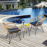 3 Piece Rattan Patio Bistro Set Wicker Conversation Set with Glass Coffee Table & Cushioned Armchairs