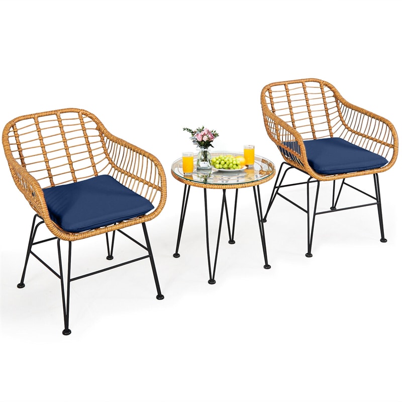 3 Piece Rattan Patio Bistro Set Wicker Conversation Set with Glass Coffee Table & Cushioned Armchairs