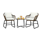 3 Piece Patio Rattan Bistro Set with Cushioned Armchairs & Tempered Glass Top Table, Wicker Outdoor Furniture Set for Garden Deck Poolside