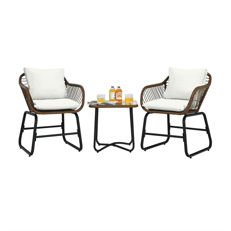 3 Piece Patio Rattan Bistro Set with Cushioned Armchairs & Tempered Glass Top Table, Wicker Outdoor Furniture Set for Garden Deck Poolside