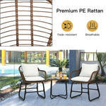 3 Piece Patio Rattan Bistro Set with Cushioned Armchairs & Tempered Glass Top Table, Wicker Outdoor Furniture Set for Garden Deck Poolside