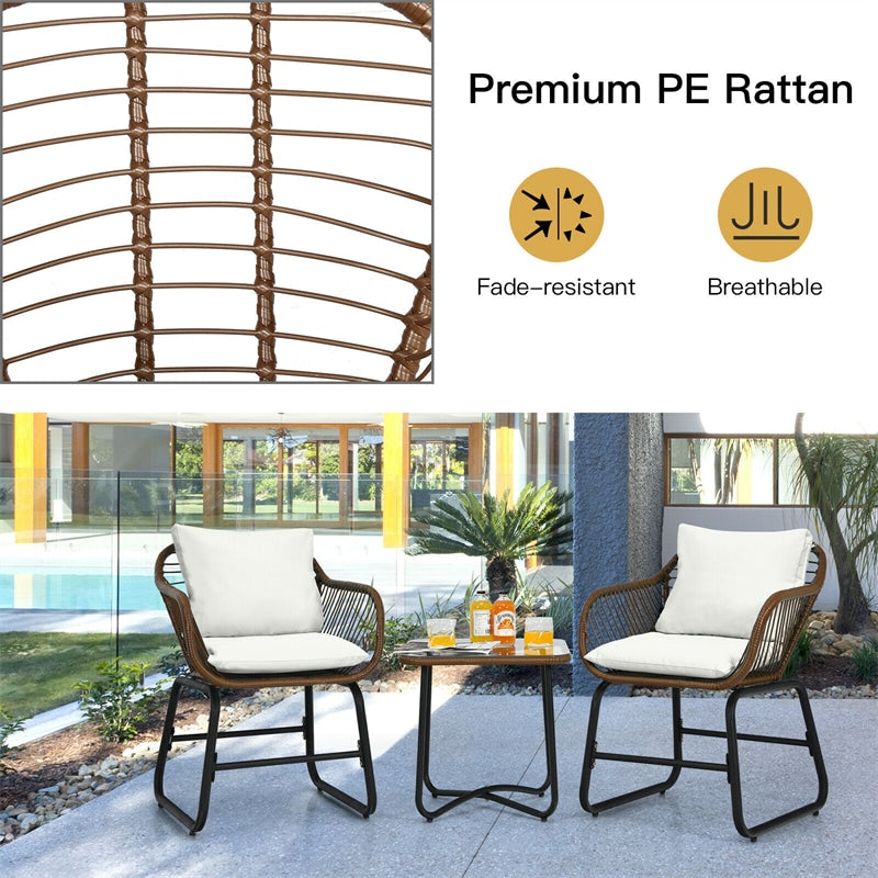 3 Piece Patio Rattan Bistro Set with Cushioned Armchairs & Tempered Glass Top Table, Wicker Outdoor Furniture Set for Garden Deck Poolside