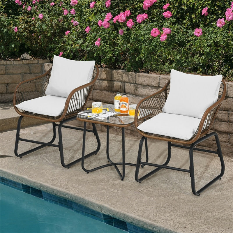 3 Piece Patio Rattan Bistro Set with Cushioned Armchairs & Tempered Glass Top Table, Wicker Outdoor Furniture Set for Garden Deck Poolside