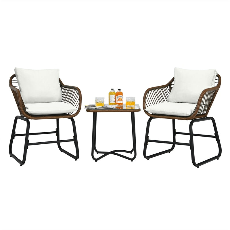 3 Piece Patio Rattan Bistro Set with Cushioned Armchairs & Tempered Glass Top Table, Wicker Outdoor Furniture Set for Garden Deck Poolside