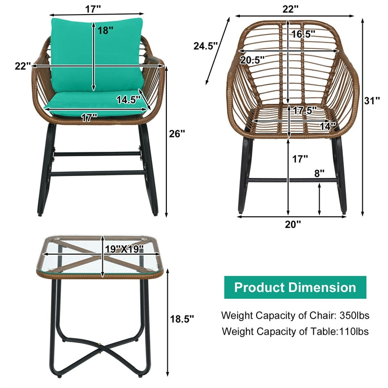 3 Piece Patio Rattan Bistro Set with Cushioned Armchairs & Tempered Glass Top Table, Wicker Outdoor Furniture Set for Garden Deck Poolside