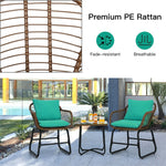 3 Piece Patio Rattan Bistro Set with Cushioned Armchairs & Tempered Glass Top Table, Wicker Outdoor Furniture Set for Garden Deck Poolside