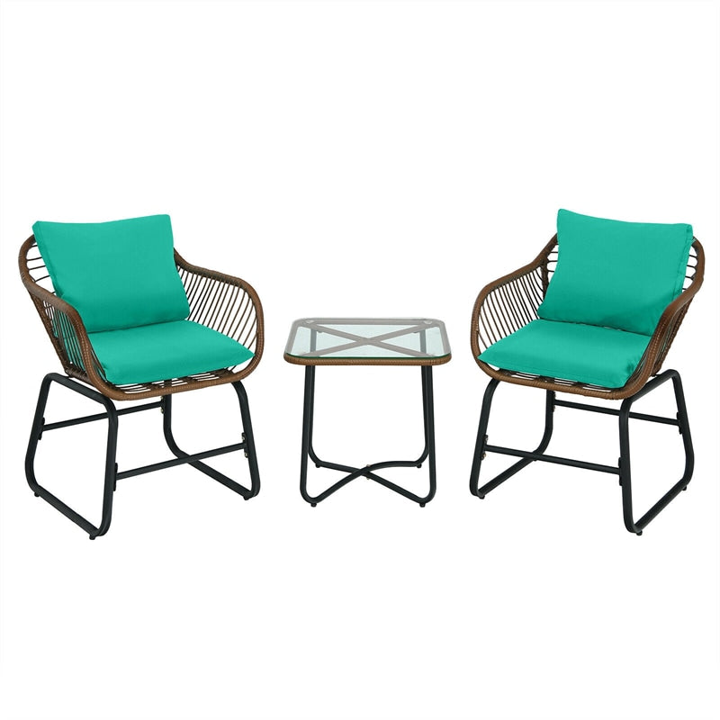 3 Piece Patio Rattan Bistro Set with Cushioned Armchairs & Tempered Glass Top Table, Wicker Outdoor Furniture Set for Garden Deck Poolside