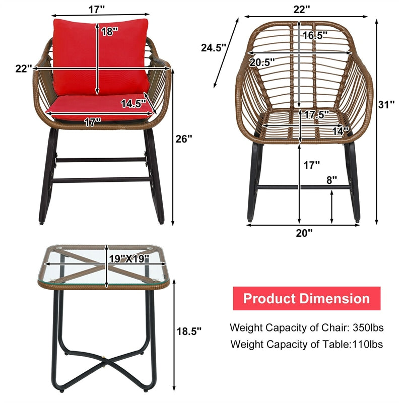 3 Piece Patio Rattan Bistro Set with Cushioned Armchairs & Tempered Glass Top Table, Wicker Outdoor Furniture Set for Garden Deck Poolside