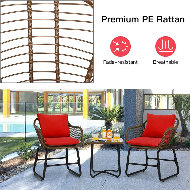 3 Piece Patio Rattan Bistro Set with Cushioned Armchairs & Tempered Glass Top Table, Wicker Outdoor Furniture Set for Garden Deck Poolside