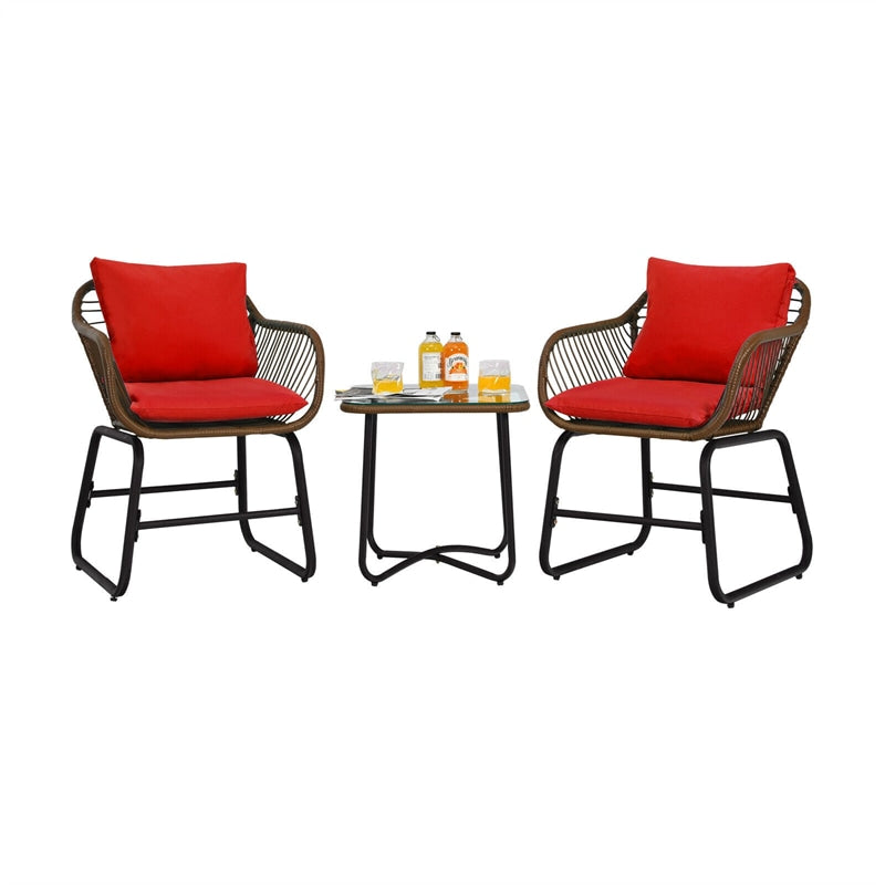 3 Piece Patio Rattan Bistro Set with Cushioned Armchairs & Tempered Glass Top Table, Wicker Outdoor Furniture Set for Garden Deck Poolside