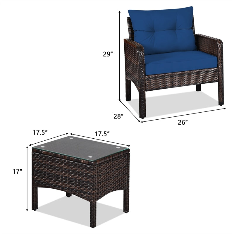 3 Piece Rattan Patio Furniture Set Outdoor Conversation Set Wicker Chairs with Cushions & Glass Top Coffee Table for Garden Lawn Yard