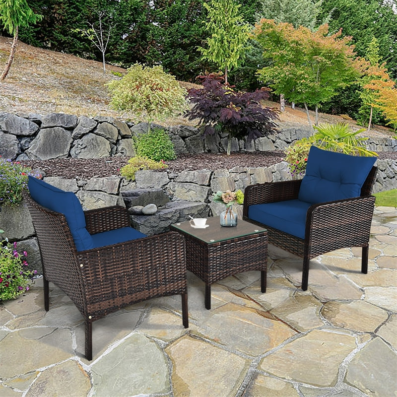 3 Piece Rattan Patio Furniture Set Outdoor Conversation Set Wicker Chairs with Cushions & Glass Top Coffee Table for Garden Lawn Yard