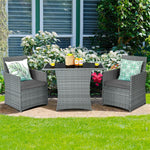 3 Piece Outdoor Wicker Bistro Set Space-Saving PE Rattan Patio Dining Set with Cushioned Chairs, Tempered Glass Top Table for Garden Balcony