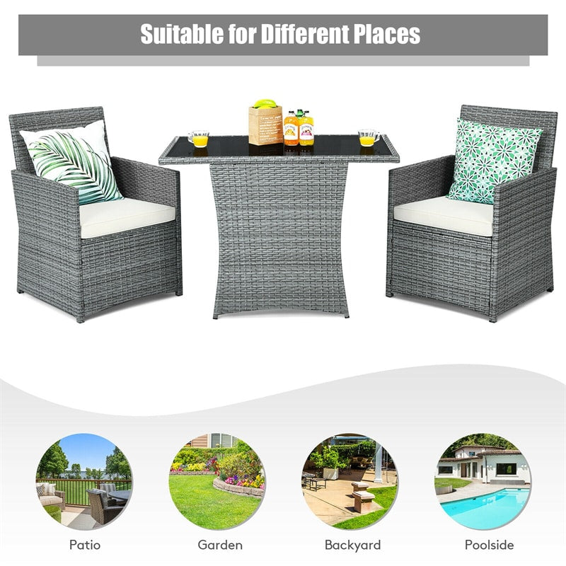 3 Piece Outdoor Wicker Bistro Set Space-Saving PE Rattan Patio Dining Set with Cushioned Chairs, Tempered Glass Top Table for Garden Balcony