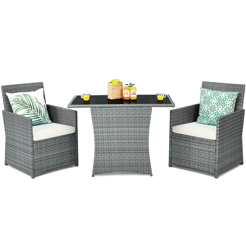 3 Piece Outdoor Wicker Bistro Set Space-Saving PE Rattan Patio Dining Set with Cushioned Chairs, Tempered Glass Top Table for Garden Balcony