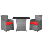 3 Piece Outdoor Wicker Bistro Set Space-Saving PE Rattan Patio Dining Set with Cushioned Chairs, Tempered Glass Top Table for Garden Balcony