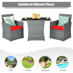 3 Piece Outdoor Wicker Bistro Set Space-Saving PE Rattan Patio Dining Set with Cushioned Chairs, Tempered Glass Top Table for Garden Balcony