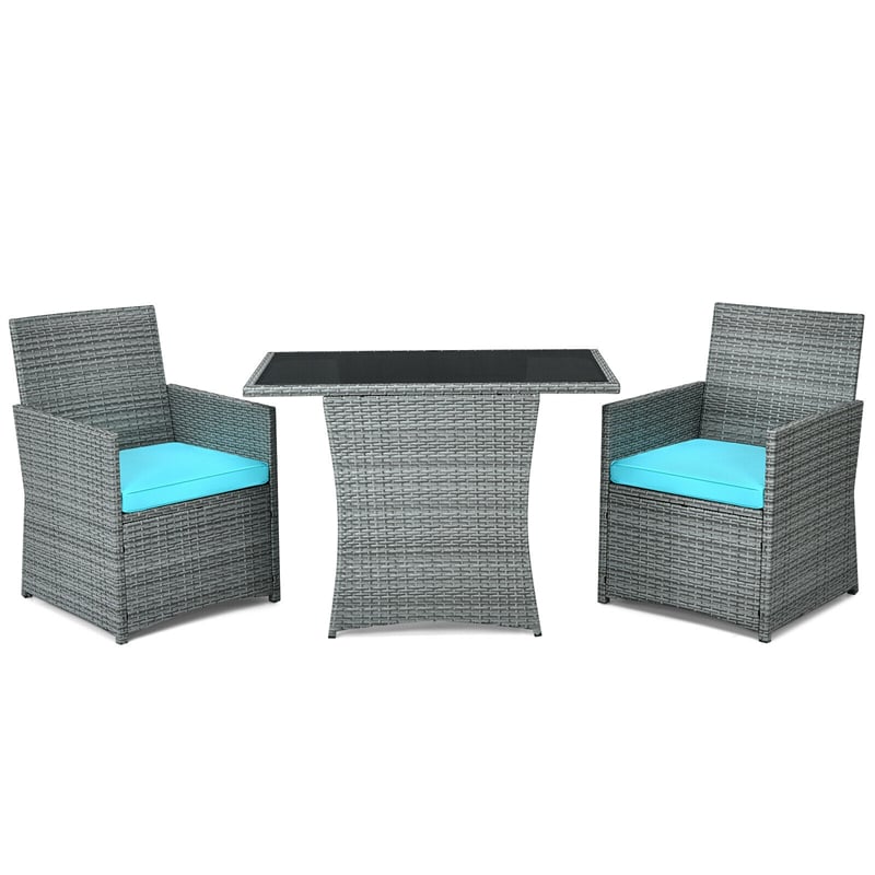 3 Piece Outdoor Wicker Bistro Set Space-Saving PE Rattan Patio Dining Set with Cushioned Chairs, Tempered Glass Top Table for Garden Balcony