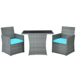 3 Piece Outdoor Wicker Bistro Set Space-Saving PE Rattan Patio Dining Set with Cushioned Chairs, Tempered Glass Top Table for Garden Balcony