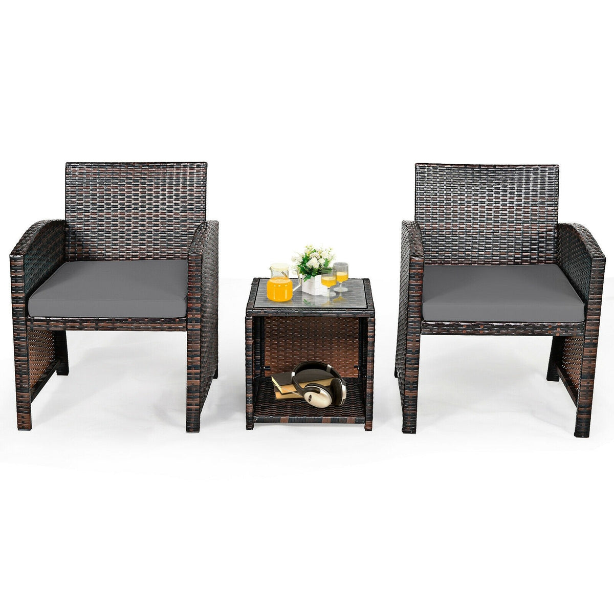 3 Piece Outdoor PE Rattan Furniture Set Wicker Patio Conversation Set with Cushioned Chairs, Tempered Glass Storage Coffee Table