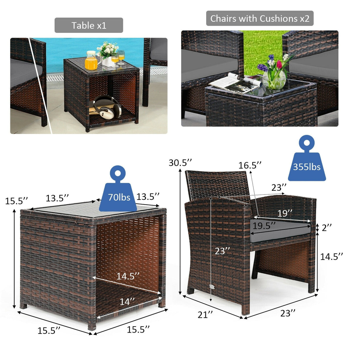 3 Piece Outdoor PE Rattan Furniture Set Wicker Patio Conversation Set with Cushioned Chairs, Tempered Glass Storage Coffee Table