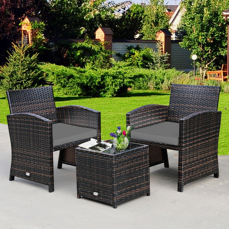 3 Piece Outdoor PE Rattan Furniture Set Wicker Patio Conversation Set with Cushioned Chairs, Tempered Glass Storage Coffee Table