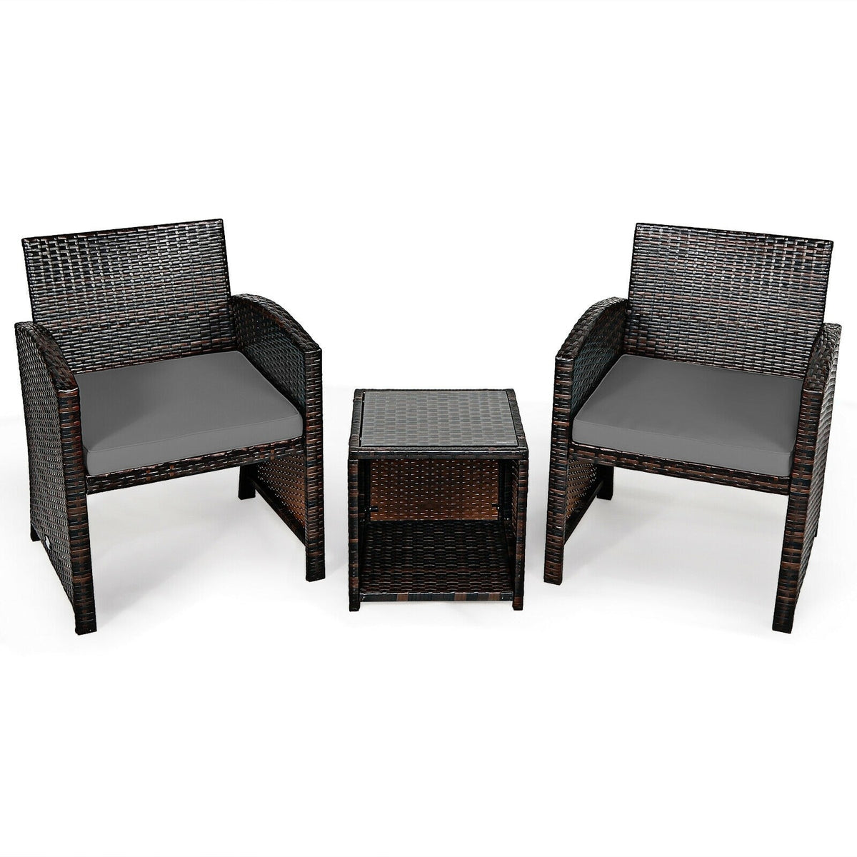 3 Piece Outdoor PE Rattan Furniture Set Wicker Patio Conversation Set with Cushioned Chairs, Tempered Glass Storage Coffee Table