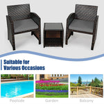 3 Piece Outdoor PE Rattan Furniture Set Wicker Patio Conversation Set with Cushioned Chairs, Tempered Glass Storage Coffee Table