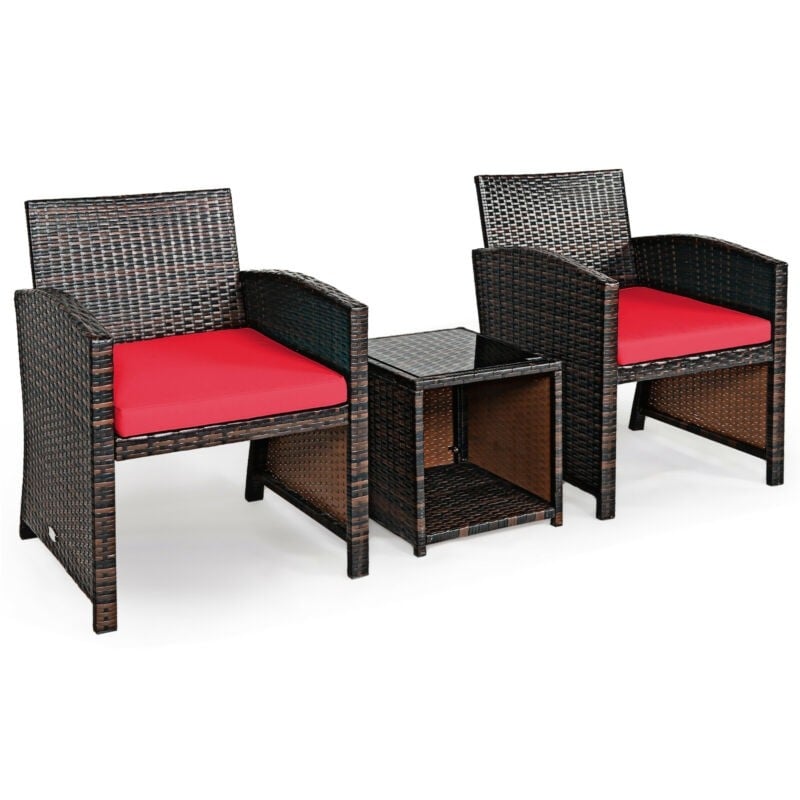 3 Piece Outdoor PE Rattan Furniture Set Wicker Patio Conversation Set with Cushioned Chairs, Tempered Glass Storage Coffee Table