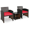 3 Piece Outdoor PE Rattan Furniture Set Wicker Patio Conversation Set with Cushioned Chairs, Tempered Glass Storage Coffee Table