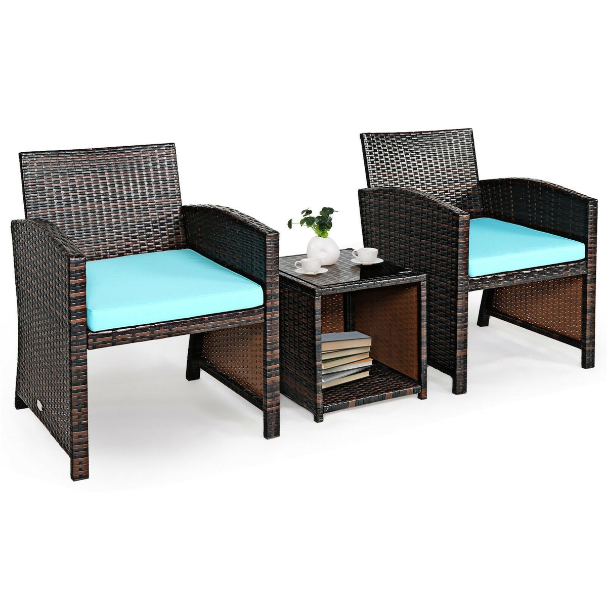 3 Piece Outdoor PE Rattan Furniture Set Wicker Patio Conversation Set with Cushioned Chairs, Tempered Glass Storage Coffee Table