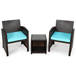 3 Piece Outdoor PE Rattan Furniture Set Wicker Patio Conversation Set with Cushioned Chairs, Tempered Glass Storage Coffee Table