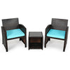 3 Piece Outdoor PE Rattan Furniture Set Wicker Patio Conversation Set with Cushioned Chairs, Tempered Glass Storage Coffee Table