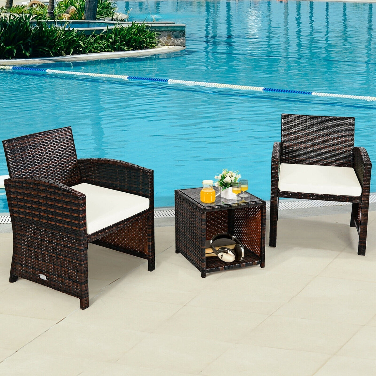 3 Piece Outdoor PE Rattan Furniture Set Wicker Patio Conversation Set with Cushioned Chairs, Tempered Glass Storage Coffee Table