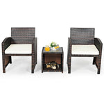 3 Piece Outdoor PE Rattan Furniture Set Wicker Patio Conversation Set with Cushioned Chairs, Tempered Glass Storage Coffee Table