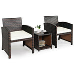 3 Piece Outdoor PE Rattan Furniture Set Wicker Patio Conversation Set with Cushioned Chairs, Tempered Glass Storage Coffee Table