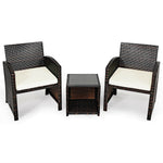 3 Piece Outdoor PE Rattan Furniture Set Wicker Patio Conversation Set with Cushioned Chairs, Tempered Glass Storage Coffee Table