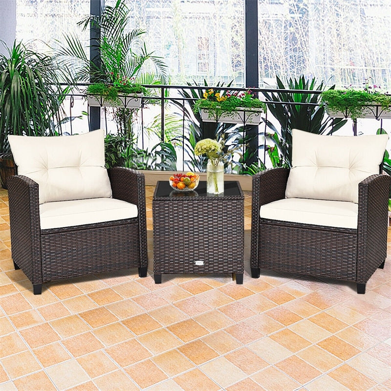 3 Piece Patio Rattan Furniture Set Outdoor Wicker Conversation Set Bistro Chairs with Washable Cushions & Tempered Glass Coffee Table