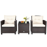 3 Piece Patio Rattan Furniture Set Outdoor Wicker Conversation Set Bistro Chairs with Washable Cushions & Tempered Glass Coffee Table