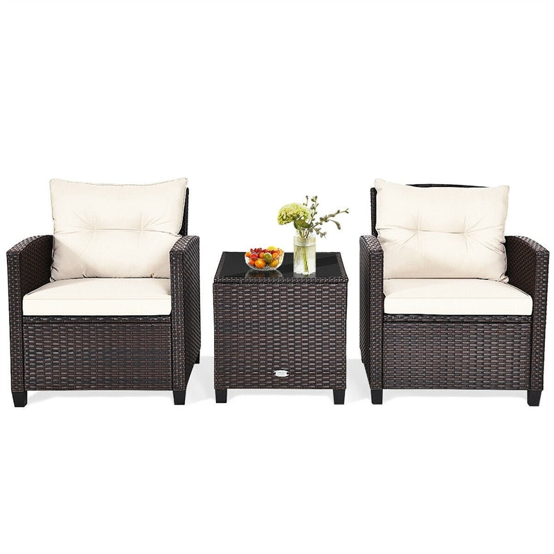 3 Piece Patio Rattan Furniture Set Outdoor Wicker Conversation Set Bistro Chairs with Washable Cushions & Tempered Glass Coffee Table