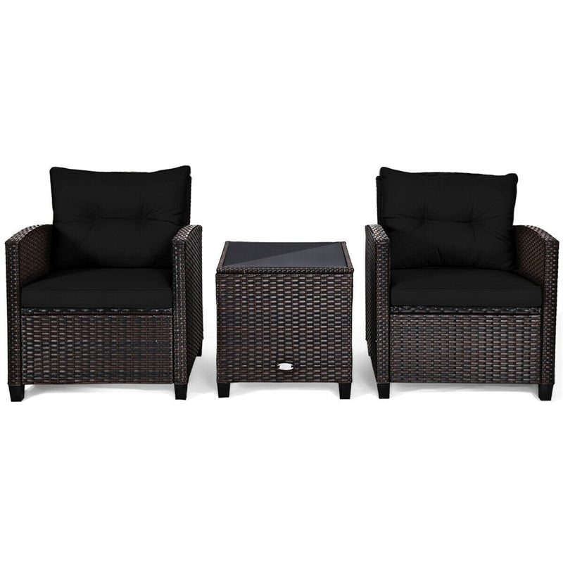 3 Piece Outdoor Rattan Patio Furniture Set, Wicker Conversation Set Bistro Chairs with Washable Cushions & Tempered Glass Coffee Table