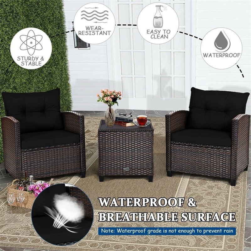 3 Piece Outdoor Rattan Patio Furniture Set, Wicker Conversation Set Bistro Chairs with Washable Cushions & Tempered Glass Coffee Table