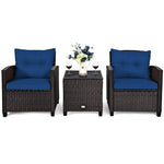 3 Piece Patio Rattan Furniture Set Outdoor Wicker Conversation Set Bistro Chairs with Washable Cushions & Tempered Glass Coffee Table