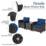 3 Piece Outdoor Rattan Patio Furniture Set, Wicker Conversation Set Bistro Chairs with Washable Cushions & Tempered Glass Coffee Table