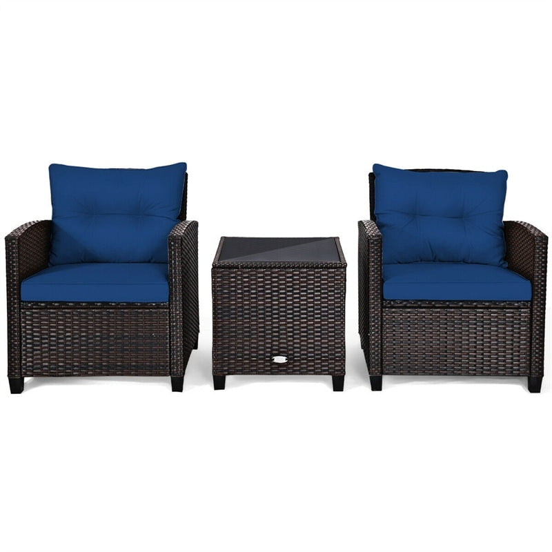 3 Piece Outdoor Rattan Patio Furniture Set, Wicker Conversation Set Bistro Chairs with Washable Cushions & Tempered Glass Coffee Table