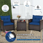 3 Piece Patio Rattan Furniture Set Outdoor Wicker Conversation Set Bistro Chairs with Washable Cushions & Tempered Glass Coffee Table