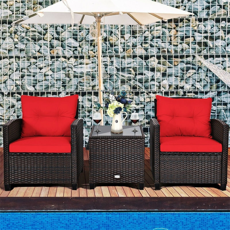 3 Piece Patio Rattan Furniture Set Outdoor Wicker Conversation Set Bistro Chairs with Washable Cushions & Tempered Glass Coffee Table